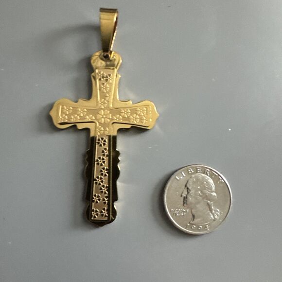 Stainless Steel Cross Pendant 24 Inch Chain Necklace Jesus Christ Faith Gold - Picture 3 of 6